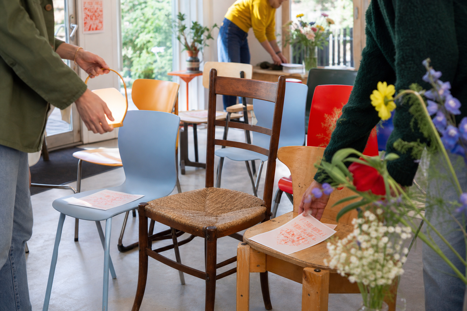 Mensen zetten gekleurde stoelen, lampen en bloemen klaar in een lichte buurtruimte