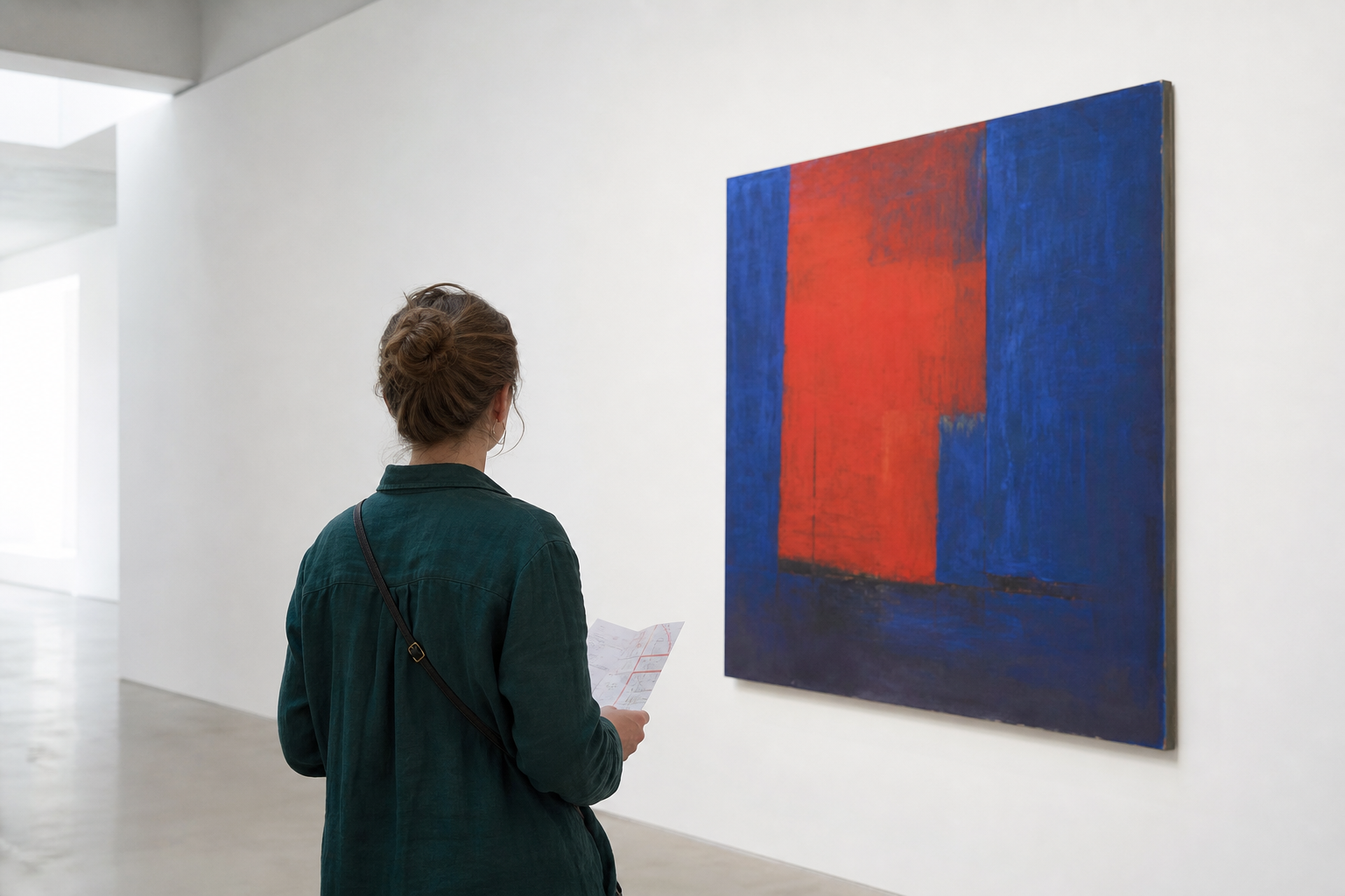 Bezoeker in een groene blouse kijkt naar een rood-blauw abstract schilderij in een lichte museumzaal