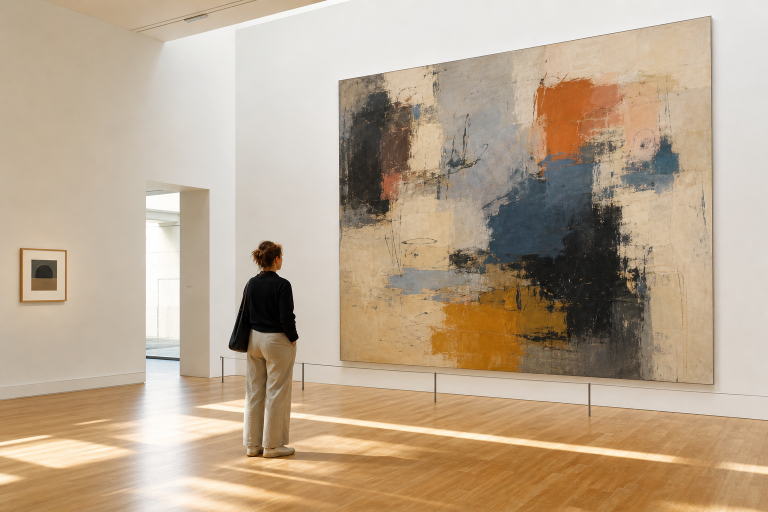 Bezoeker staat op afstand van een groot abstract schilderij in een lichte museumzaal