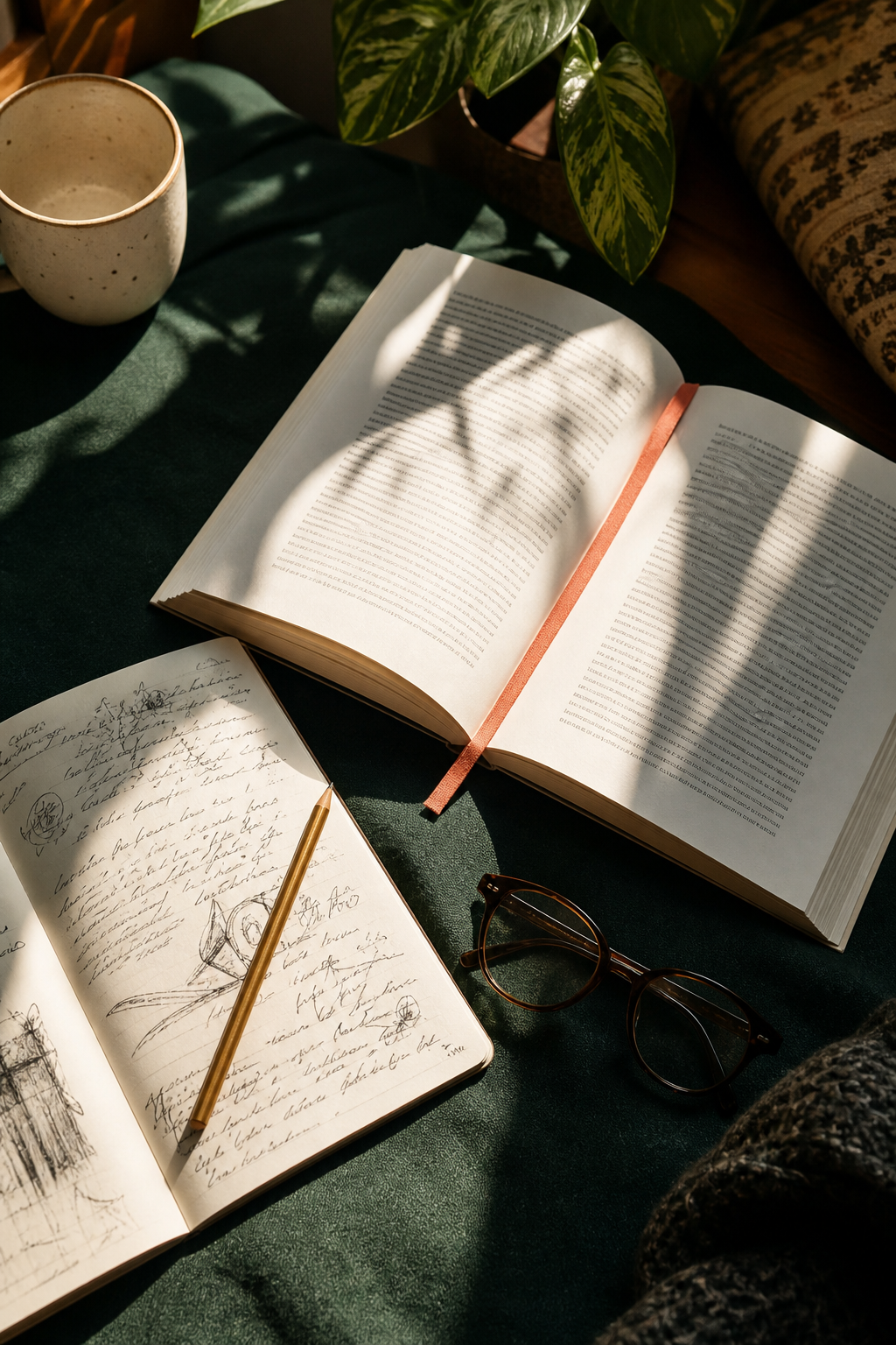 Open boek met leeslint naast een notitieboek, gouden pen en bril op donkergroene stof