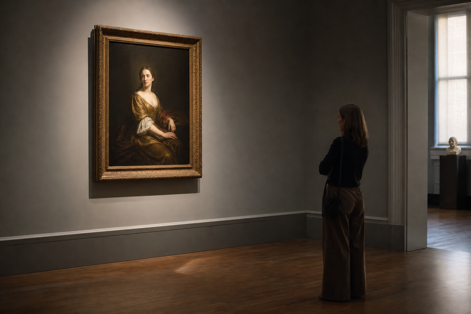 Bezoeker kijkt naar een portret dat vanaf de zijkant wordt belicht in een museumzaal