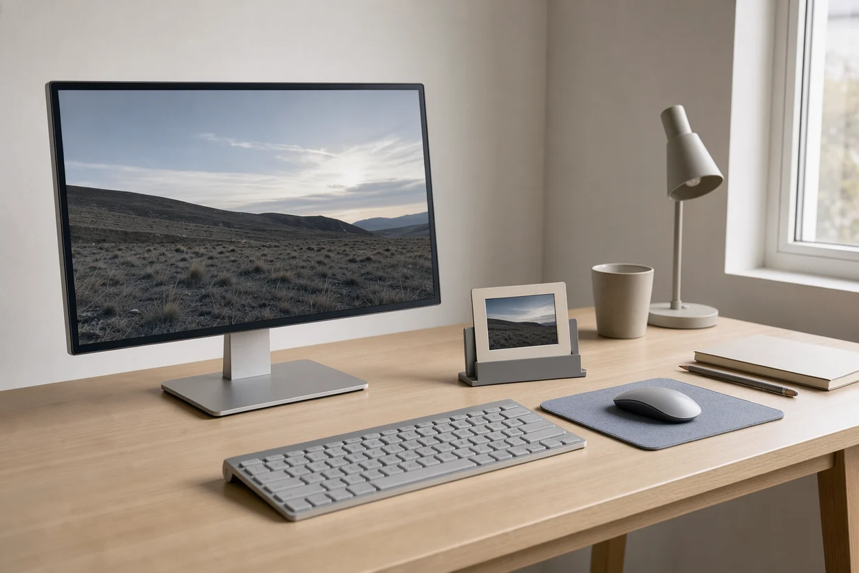 een neutraal digitaal fotowerkstation met een ingeraamde dia naast het scherm en een onherkenbare landschapfoto op het scherm
